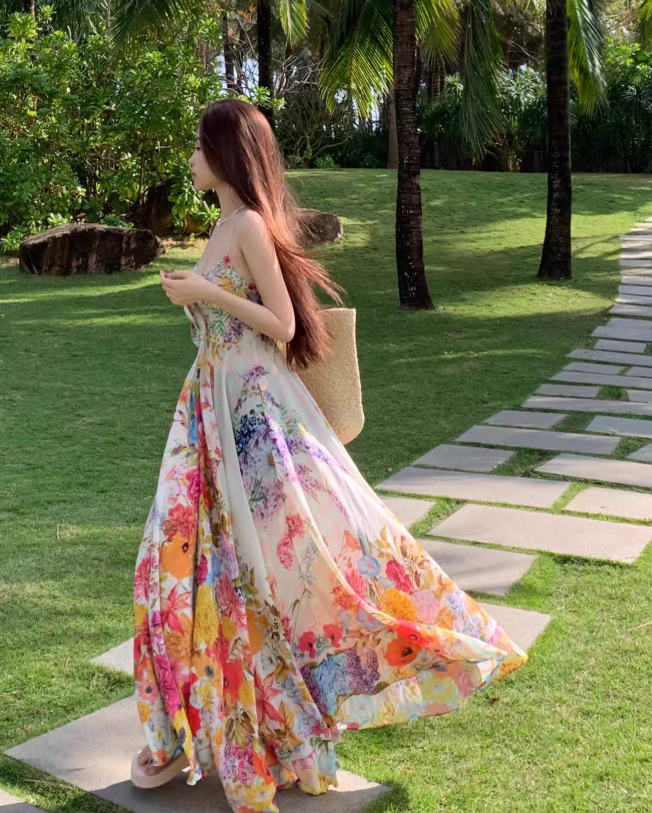 New Stylish Floral Design Beach Holiday Spaghetti Strap Dress HZ1024