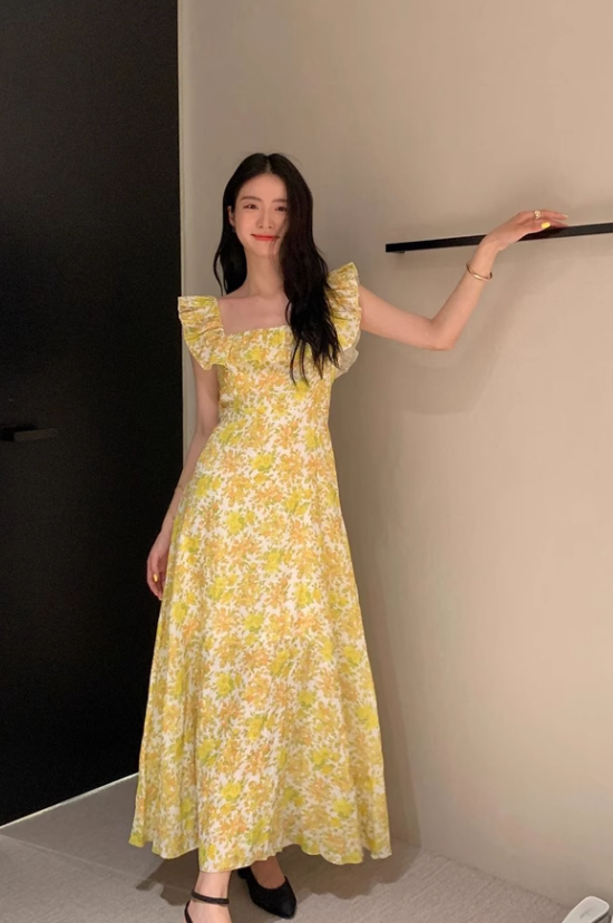 New Fashion Ruffled Design Elegant Casual Floral Dress HZ1024