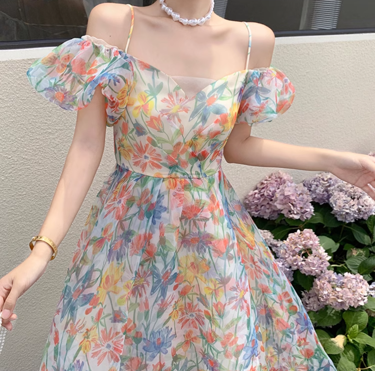 New Elegant Floral Design Puff Sleeves Princess Style Spaghetti Strap Dress HZ1024
