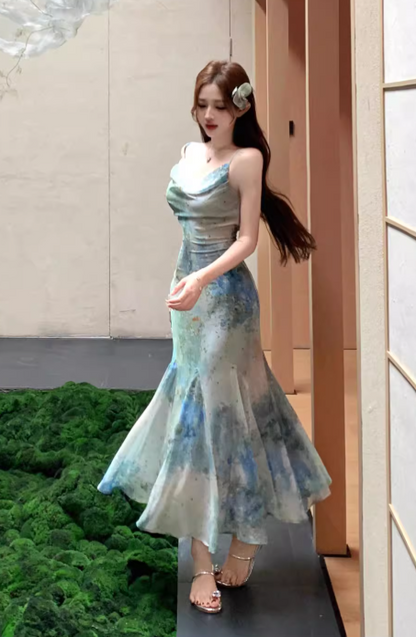 New Stylish Floral Design Elegant Casual Spaghetti Strap Dress HZ1024