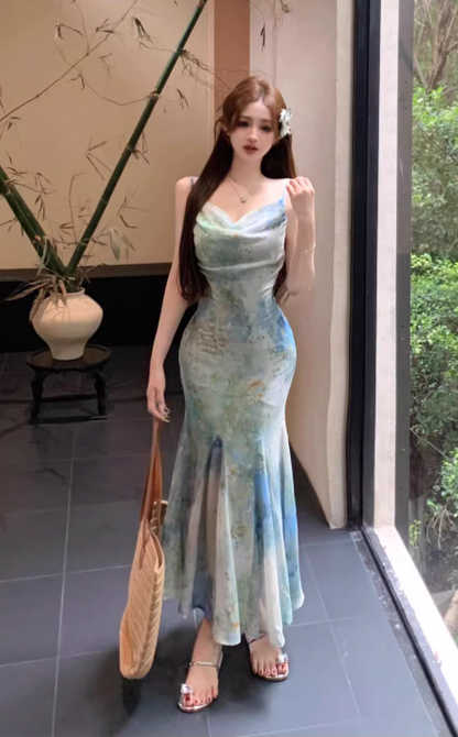 New Stylish Floral Design Elegant Casual Spaghetti Strap Dress HZ1024