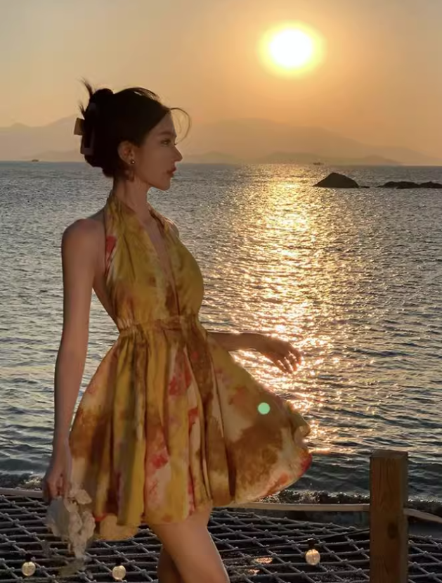 New Stylish Yellow Floral Design A-Line Halter Dress HZ1024