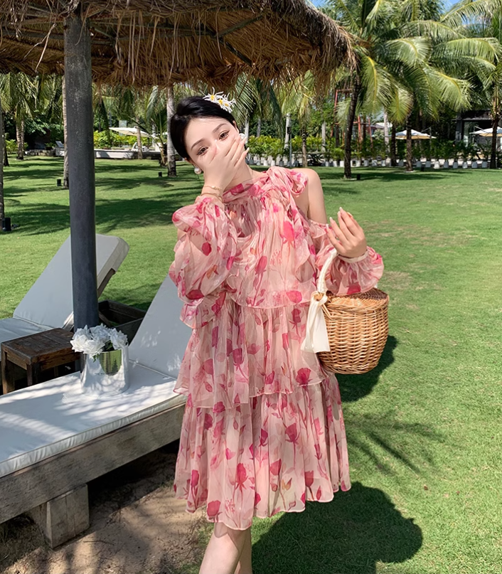 New Fashion Pink Floral Design Long Sleeves Off-the-shoulder A-Line Halter Dress HZ1024