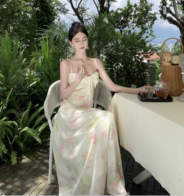 New Fashion Sexy Floral Design A-Line Beach Holiday Spaghetti Strap Dress HZ1024