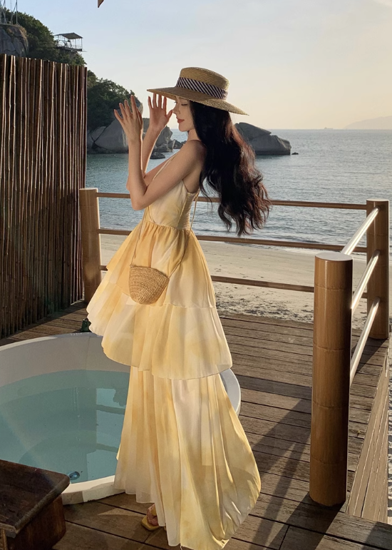 New Simple Yellow Floral Design A-Line Beach Holiday Spaghetti Strap Dress HZ1024