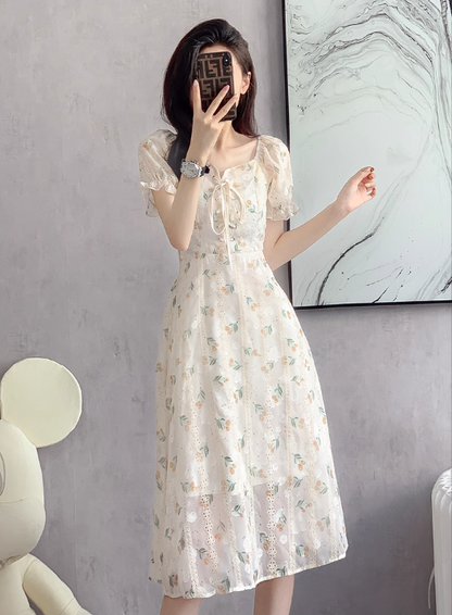 New Fashion Simple Floral Short Sleeves Design Women Slim Dress HZ1024