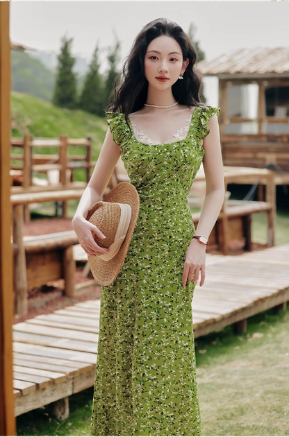 Vintage Simple Elegant Green Floral Design Beach Holiday Women Long Dress HZ1024