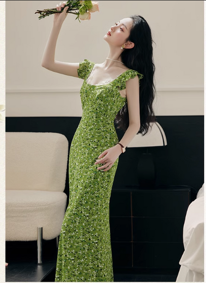 Vintage Simple Elegant Green Floral Design Beach Holiday Women Long Dress HZ1024