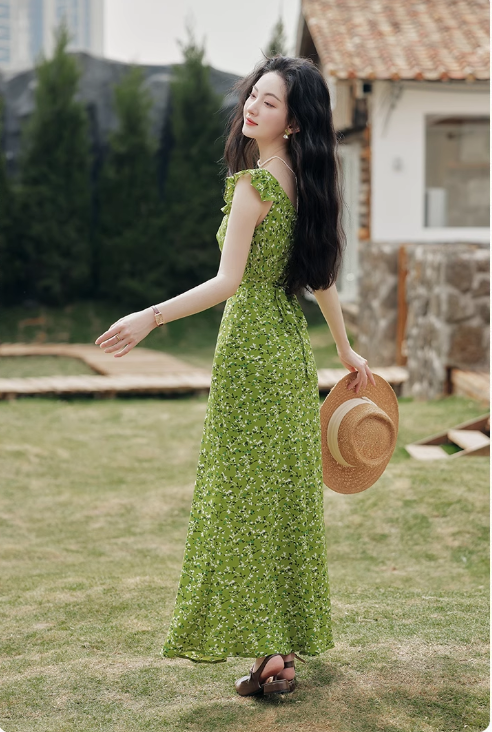 Vintage Simple Elegant Green Floral Design Beach Holiday Women Long Dress HZ1024