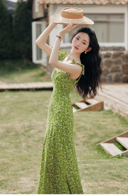 Vintage Simple Elegant Green Floral Design Beach Holiday Women Long Dress HZ1024