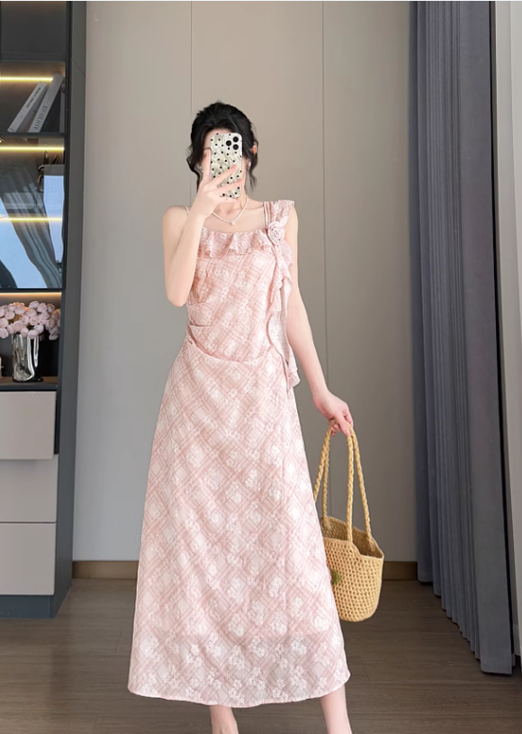 New Simple Elegant Floral Design Cardigan Spaghetti Strap Dress HZ1024