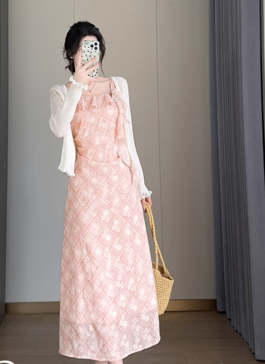 New Simple Elegant Floral Design Cardigan Spaghetti Strap Dress HZ1024