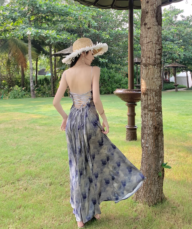 New Simple Elegant Floral Design Beach Holiday Spaghetti Strap Dress HZ1024