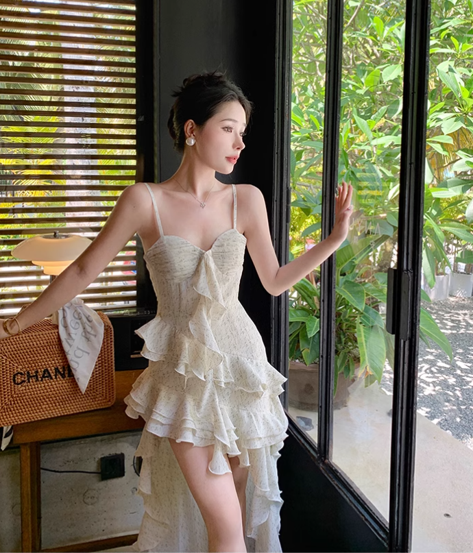 New Simple Elegant Floral Irregular Design Beach Holiday Spaghetti Strap Dress HZ1024