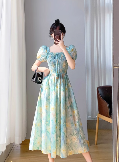 Simple Elegant Floral Design Short Sleeves Halter Dress HZ1024