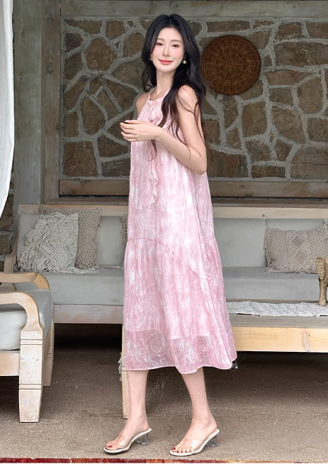 New Fashion Women Pink Floral Design Sense Beach Holiday Halter Dress HZ1024