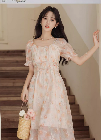 Vintage Women Floral Design A-Line Chiffon Short Sleeves Dress HZ1024