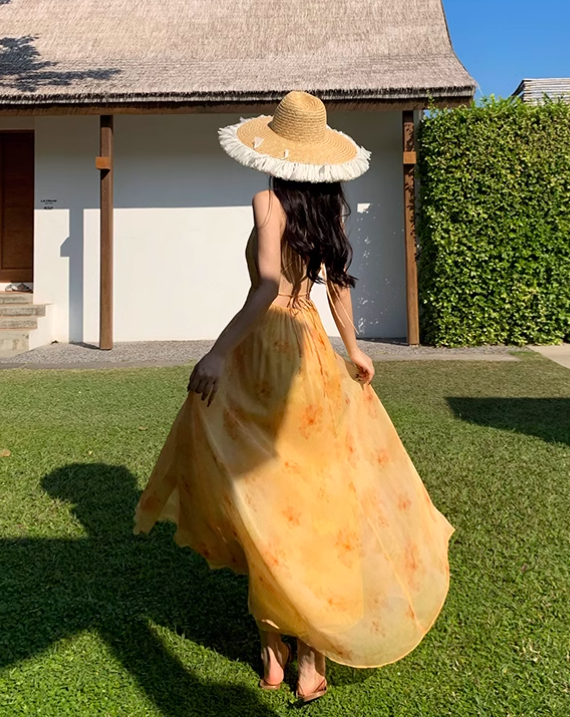 New Fashion Women Yellow Floral Design A-Line Halter Dress HZ1024