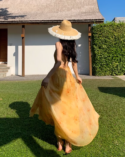 New Fashion Women Yellow Floral Design A-Line Halter Dress HZ1024