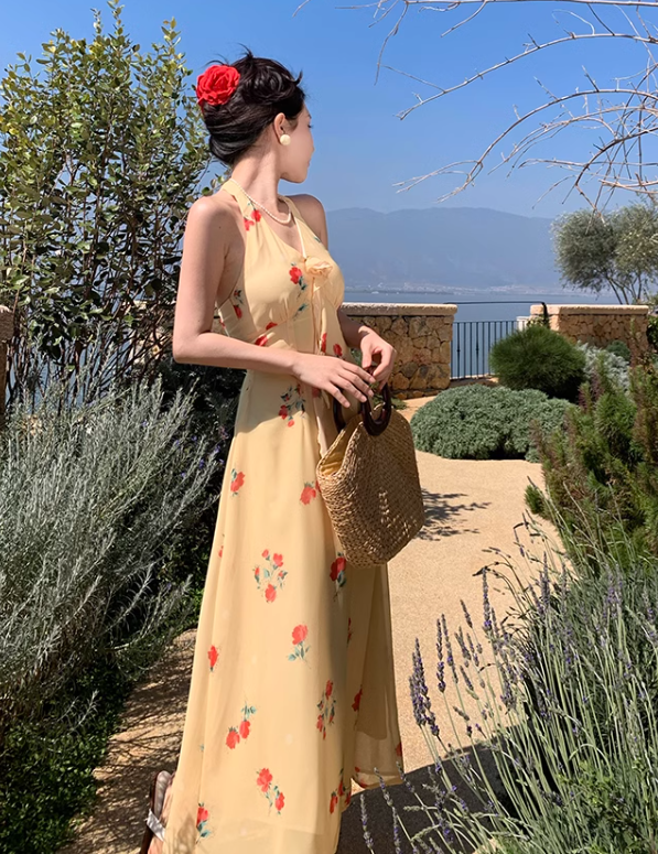 New Fashion Women Yellow Floral Design V-neck A-Line Chiffon Halter Dress HZ1024