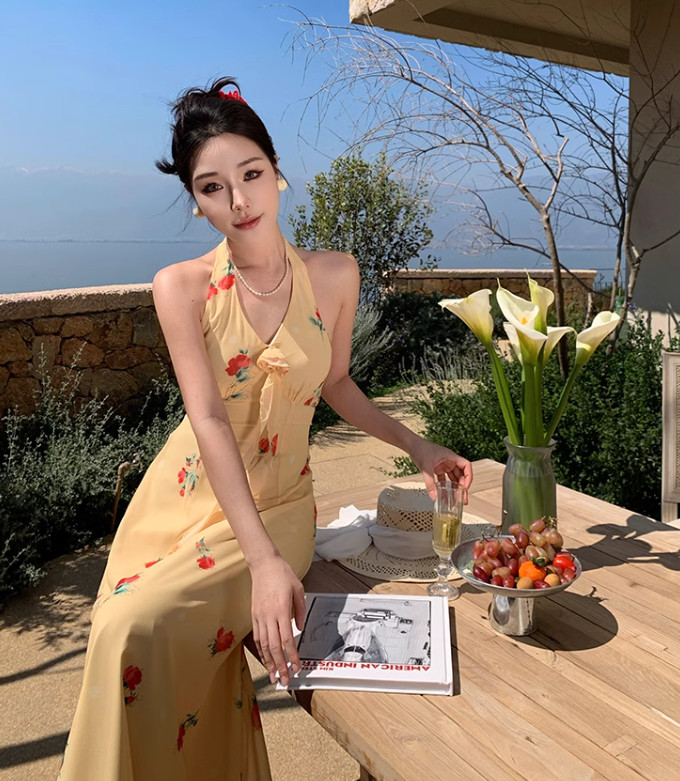 New Fashion Women Yellow Floral Design V-neck A-Line Chiffon Halter Dress HZ1024