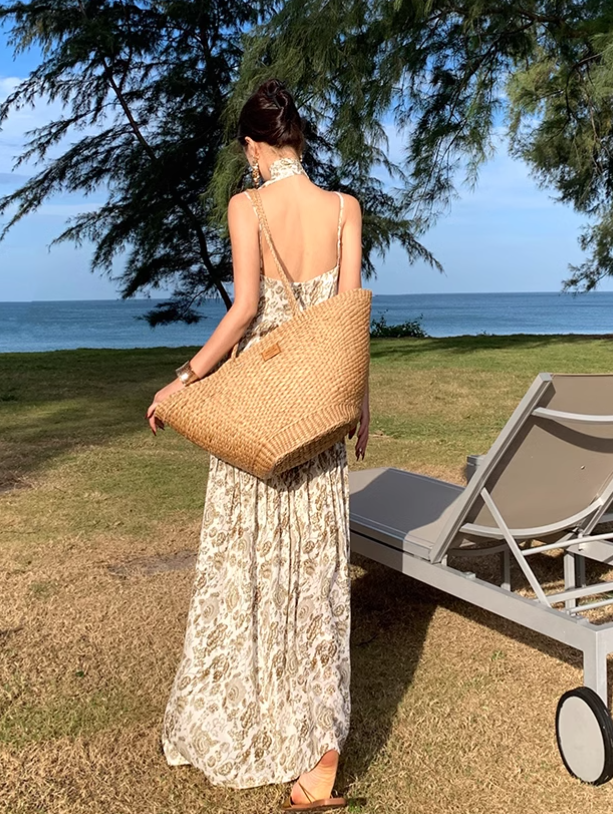 Vintage Fashion Women Floral Design A-Line Beach Holiday Spaghetti Strap Dress HZ1024