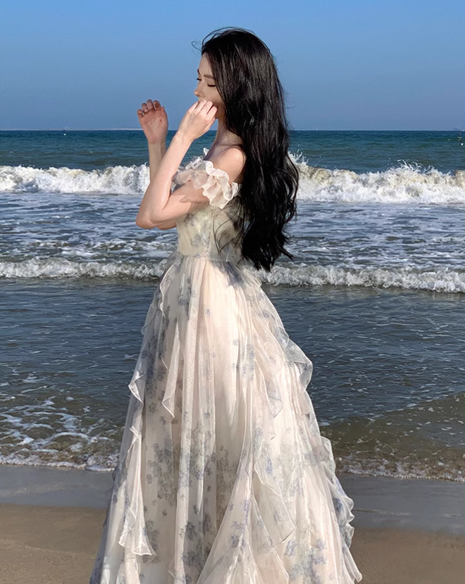 New Fashion Women Floral Falbala Design A-Line Beach Holiday Spaghetti Strap Dress HZ1024