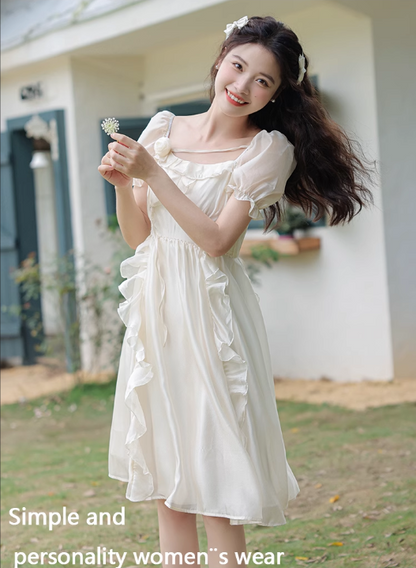 New Fashion Women White Floral Design A-Line Short Sleeves Dress HZ1024