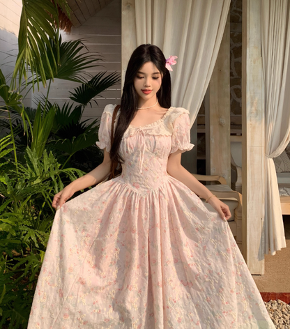 New Fashion Puffed Short Sleeve Design Pink A-line Floral Dress HZ1024