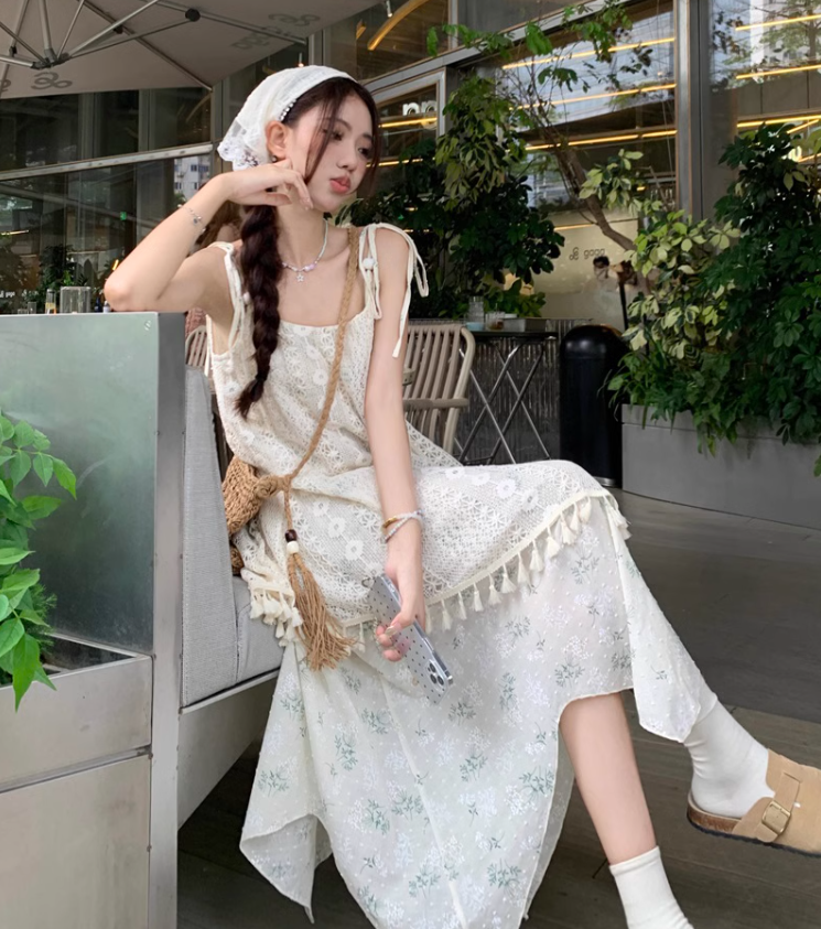 New Fashion Beige Floral Design A-line Beach Holiday Long Spaghetti Strap Dress HZ1024