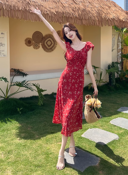 Simple Fashion Red Floral Design A-line Long High-waisted Dress HZ1024