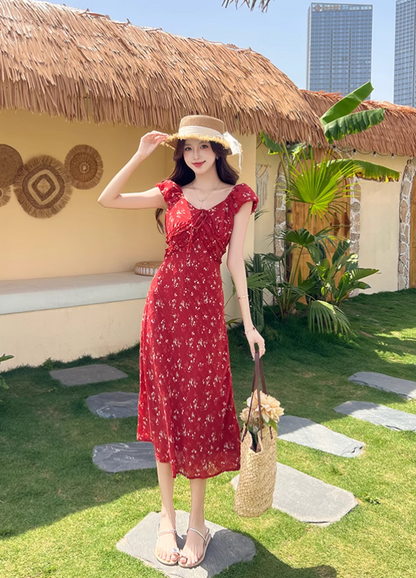 Simple Fashion Red Floral Design A-line Long High-waisted Dress HZ1024
