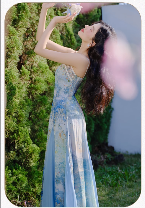 Vintage Fashion Blue Floral Print Design A-line Long High-waisted V-neck Spaghetti Strap Dress HZ1024