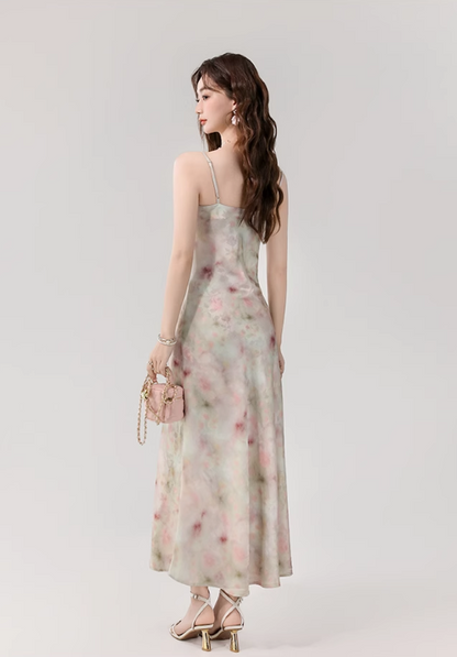 Vintage Fashion Floral Print Design A-line Long Spaghetti Strap Dress HZ1024