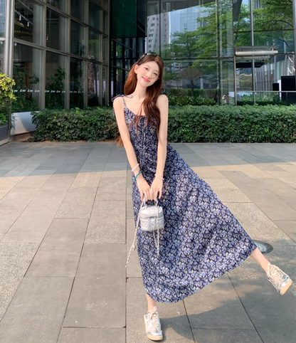 Vintage Fashion Navy Blue Floral Design A-line Long Spaghetti Strap Dress HZ1024