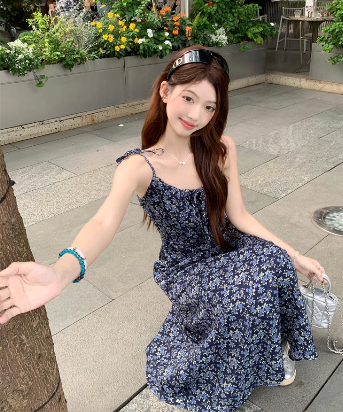 Vintage Fashion Navy Blue Floral Design A-line Long Spaghetti Strap Dress HZ1024