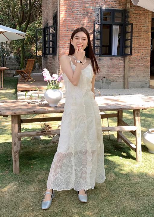 New Fashion White Floral Design Lace A-line V-neck Spaghetti Strap Dress HZ1024
