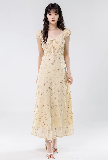 Simple Fashion Floral Design Sweet A-line V-neck Short-sleeved Dress HZ1024