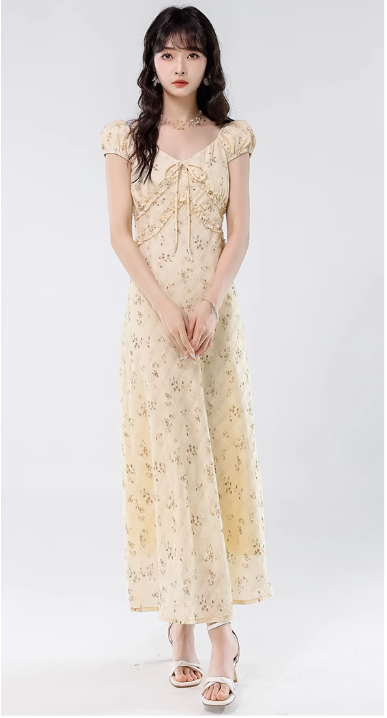 Simple Fashion Floral Design Sweet A-line V-neck Short-sleeved Dress HZ1024