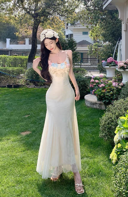 Vintage Fashion Floral Mesh Design Elegant Beach Holiday Mermaid A-line Spaghetti Strap Dress HZ1024