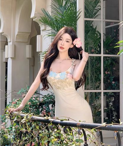 Vintage Fashion Floral Mesh Design Elegant Beach Holiday Mermaid A-line Spaghetti Strap Dress HZ1024