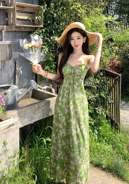 Fashion Green Floral Design Elegant A-line Spaghetti Strap Dress HZ1024
