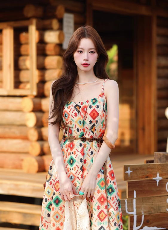 Vintage Fashion Floral Print Design Beach Holiday A-line with Belt Spaghetti Strap Dress HZ1024