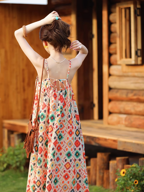 Vintage Fashion Floral Print Design Beach Holiday A-line with Belt Spaghetti Strap Dress HZ1024