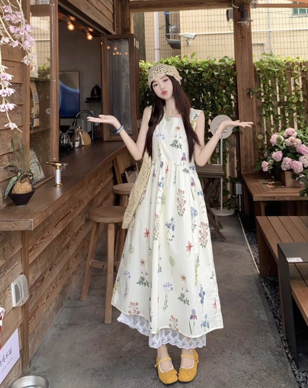 Vintage Fashion Floral Printed Design A-line Beach Holiday Vest Dress HZ1024