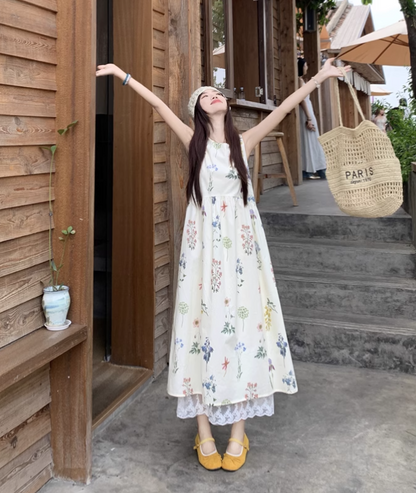 Vintage Fashion Floral Printed Design A-line Beach Holiday Vest Dress HZ1024
