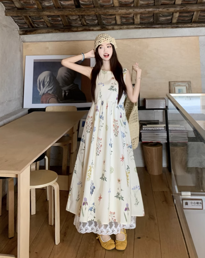 Vintage Fashion Floral Printed Design A-line Beach Holiday Vest Dress HZ1024