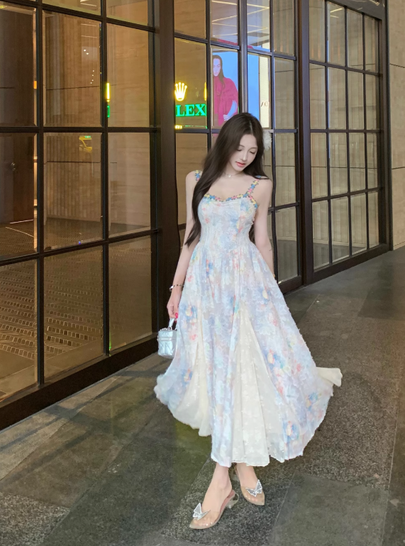 New Fashion Floral Design A-line Beach Holiday Spaghetti Strap Dress HZ1024
