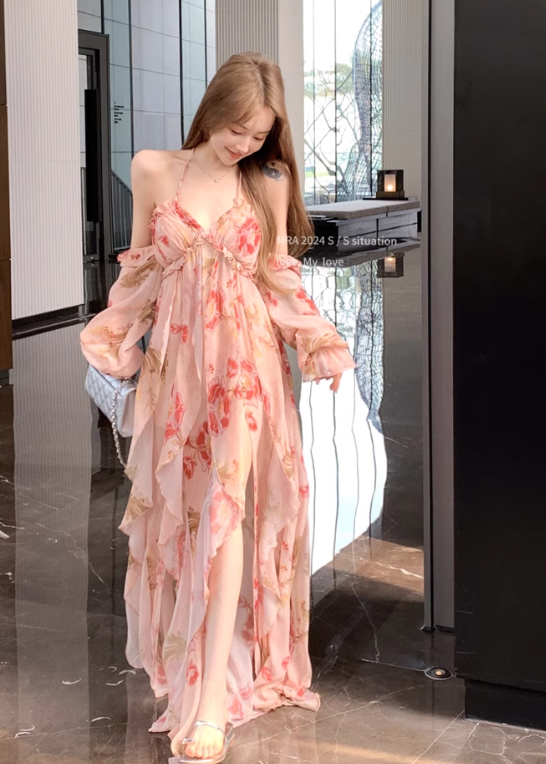 Fashion Pink Off-the-shoulder Design A-line Floral Dress HZ1024