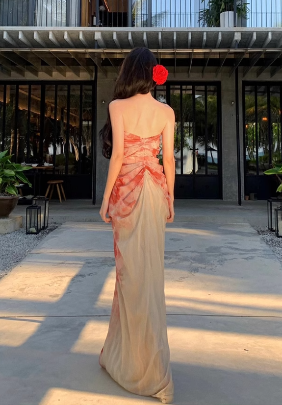 New Fashion Floral Print Design A-line Floor-length Sleeveless Strapless Dress HZ1024